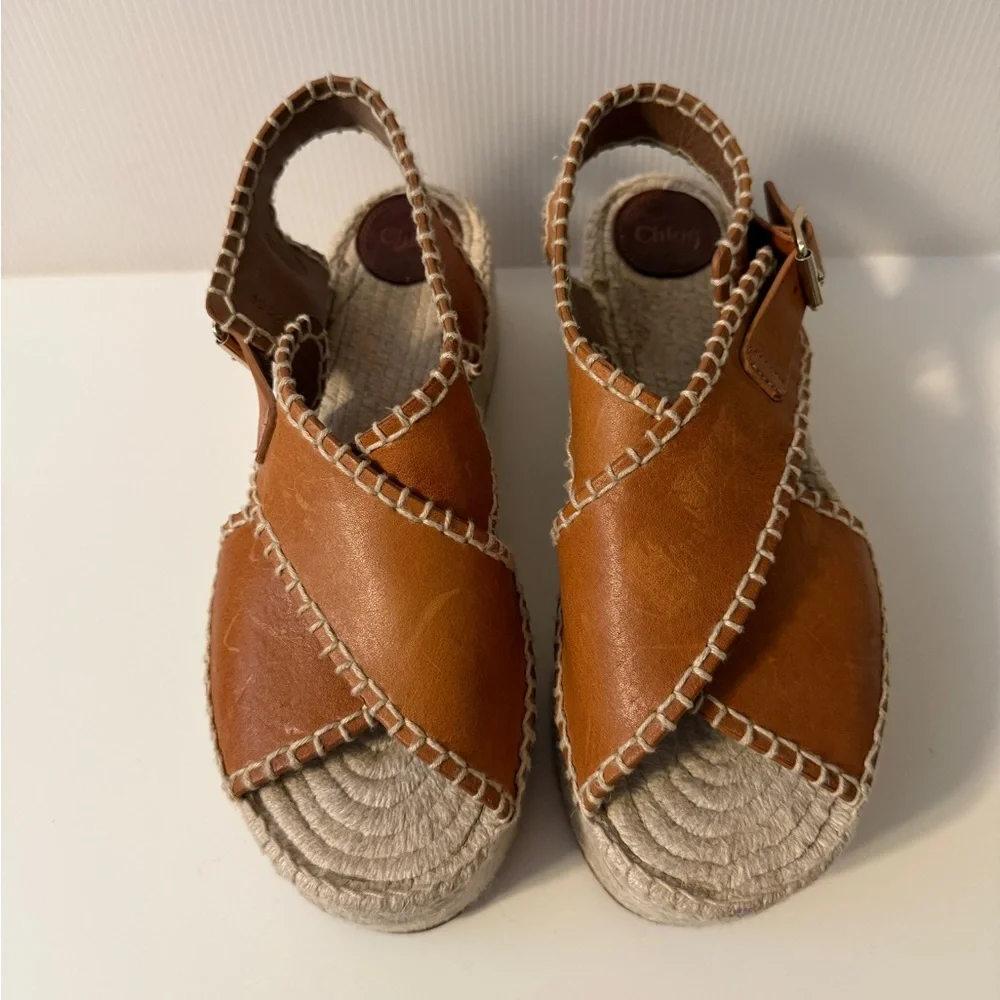 Chloe Lucinda Tan Leather Platform Espadrille Sandals